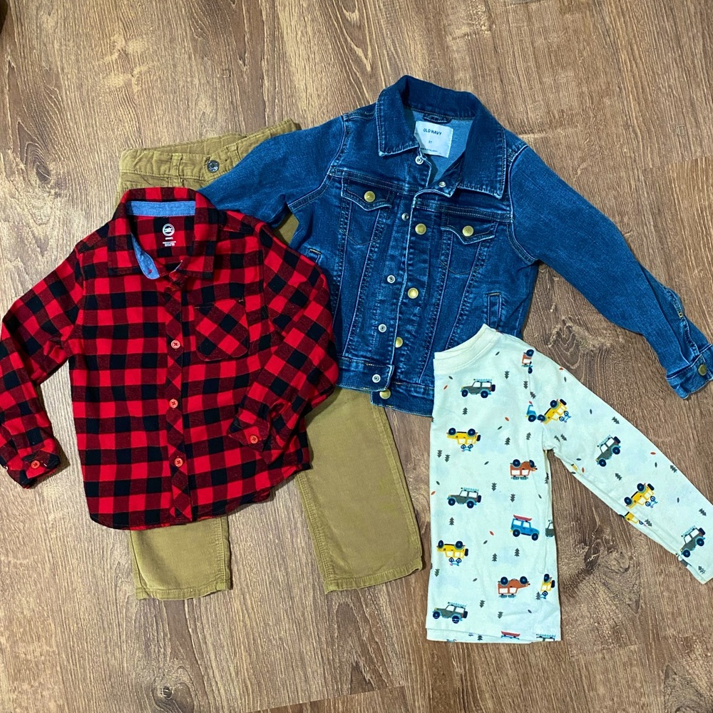 Boys size 5 Bundle lot of 4- buffalo check button up, cords, jean jacket & top